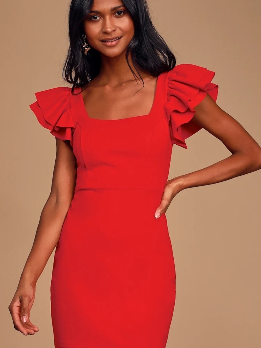 Lulus Elegant Affair Red Ruffle Sleeve Bodycon Mini Dress Size Small